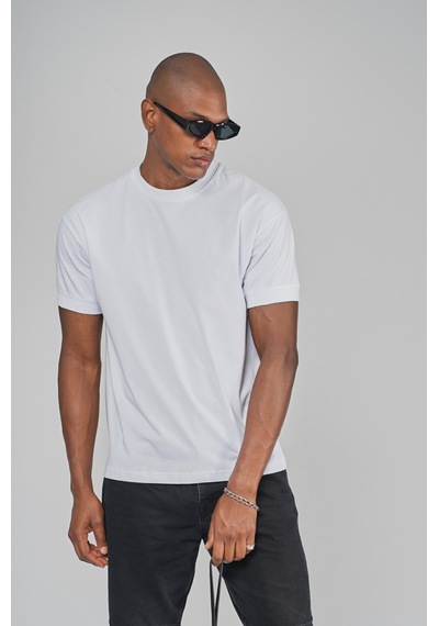King Brich Slim Fit Kalıp Kolu Ribanalı Basic %100 Pamuklu Tişört Beyaz