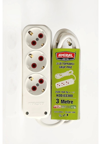 Amiral 3' Lü Topraklı 3 Metre Kablolu Grup Priz Standart