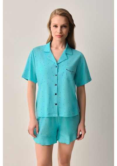 Suwen Lucky Pamuklu Gömlek Yaka Şort Pijama Takımı Sh26623667b335 Turkuaz Desenli