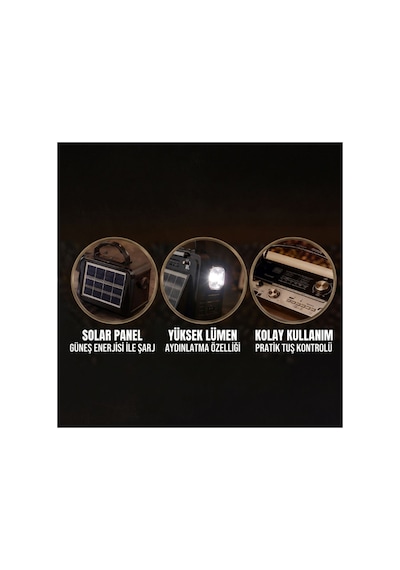 Nostalji Müzik Kutusu - Solar Panelli - Şarjlı - Aux Girişi - Led Fener - Bluetooth Çok Renkli