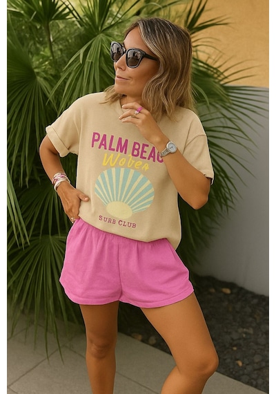 Palm Beach Waves Baskılı Unisex Tshırt Bej