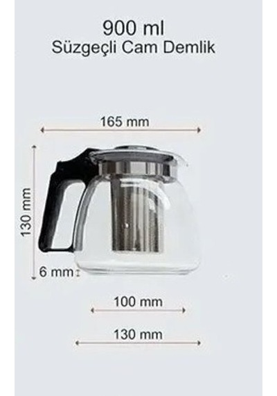 Krd Süzgeçli Cam Demlik 900 Ml. Tea Pot - Çay Makinası Üst Demliği Siyah