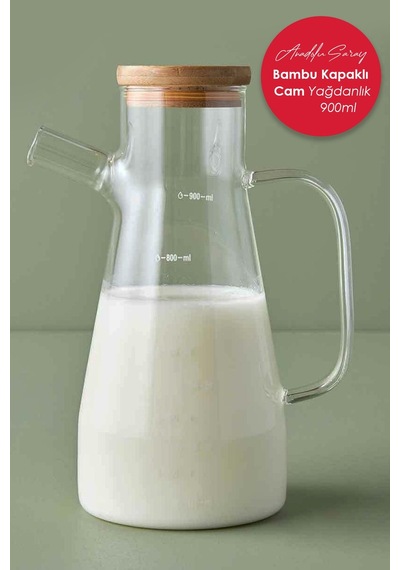 Bambu Kapaklı Vakumlu Cam Yağdanlık Sirkelik 900 ML