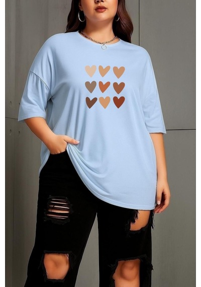 Benroma Büyük Beden Sıralı Kalpler Baskılı Unisex Tişört Bebe Mavisi