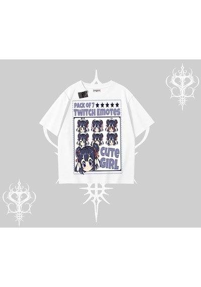 Tarzsokak Oversize Tshirt Twitch Emotes Cute Girl Anime Expression Beyaz