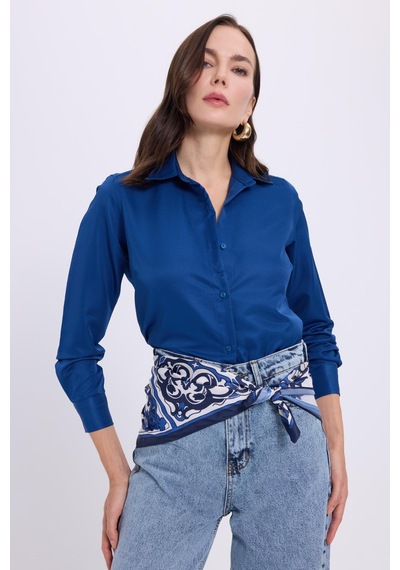 Tudors Kadın Slim Fit Dar Kesim Vücuda Oturan Uzun Kollu Lacivert Basic Gömlek-38823 Lacıvert