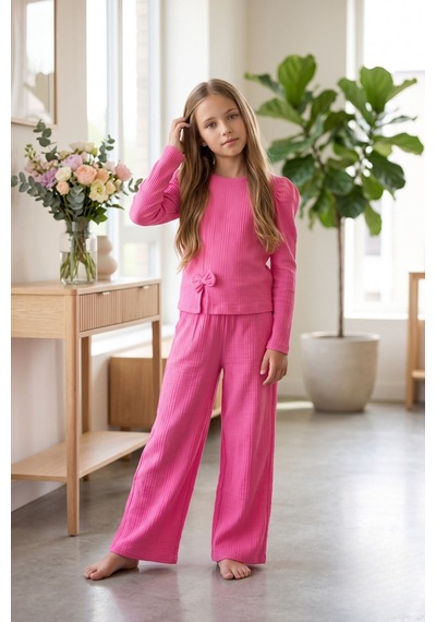 New Kids Kız Takım Çocuk Uzun Kol Pembe Fiyonk Detaylı Kız Takım -91229