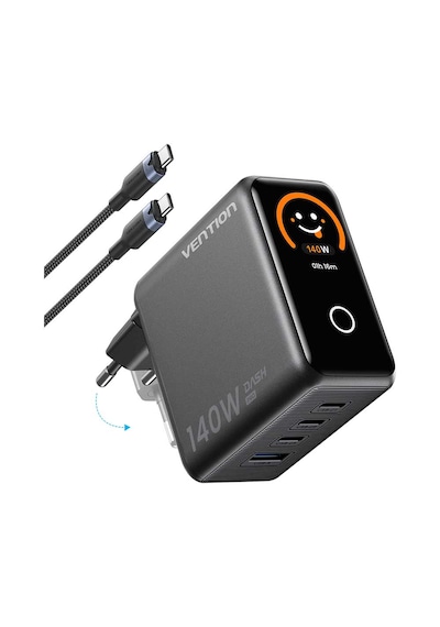 Vention Dash Pro 140w Gan 5.0 Akıllı Ekranlı Ve Emojili 4-portlu Hızlı Şarj Cihazı 3xusb-c + 1xusb-a