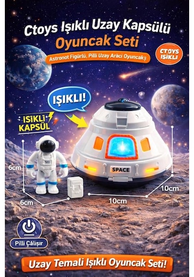 Ctoys Işıklı Uzay Kapsülü Oyuncak Seti Astronot Figürlü, Pilli Uzay Aracı Oyuncak 3+ Yaş