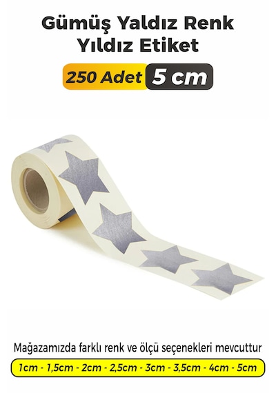Gümüş Yaldız Renk Yıldız Kesim Sticker Etiket 5cm - 250 Adet Gümüş