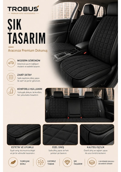 Opel Astra 2000-2004 Üniversal Soft Alkantra Kare Desen 7 Parça Oto Koltuk Minderi Siyah
