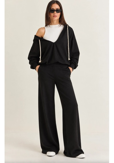 Mevese Kadın V Yaka Sweatshirt, Kolsuz Atlet Ve Yüksek Bel Wide Leg Pantolon Üçlü Spor Şık Takım- Siyah