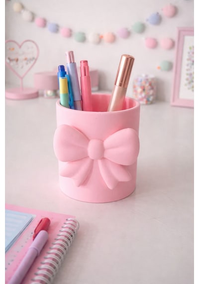 Fiyonklu Tekli Organizer Kalemlik & Makyaj Fırçası Düzenleyici Pembe Açık Pembe