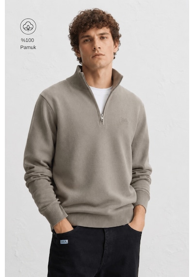 Ucla Fred Gri Yarım Fermuarlı %100 Pamuk Nakışlı Standard Fit Erkek Triko