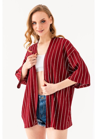 Giysa Kadın Yarım Kol Çizgili Bürümcük Kimono Bordo - 254406 Bordo