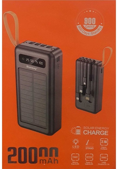 20000 Mah Güneş Enerjili Powerbank Ios Android Uyum Lcd Ekranlı Type C Mikro Usb Lightning Çıkışlı Siyah