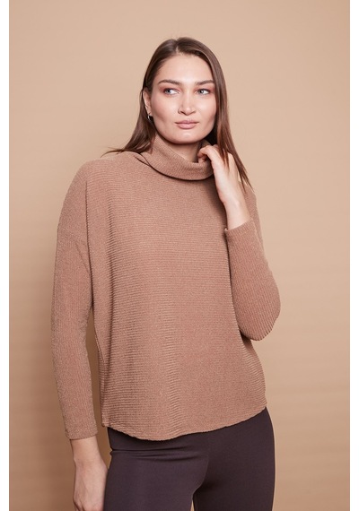 Jument Degaje Yaka Uzun Kol Likralı Triko Bluz-camel CAMEL