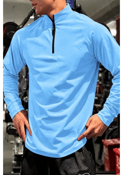 Genius Store Erkek Yarım Fermuarlı Compression Uzun Kol Spor Tişört Ve Fitness Tişörtü Dalgıç-uzun Mavi