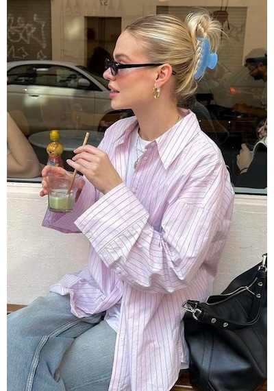 Pembe Çizgili Oversize Kadın Gömlek Mg2732 Pembe