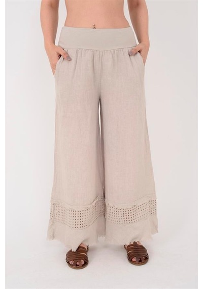Eren Style İtalyan Fisto Paça Detaylı Keten Pantolon-9893 Bej