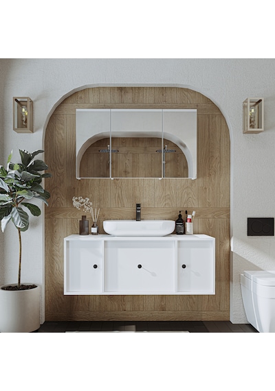 Lavabolu Mdf 120 Cm Çekmeceli Banyo Dolabı + Aynalı Dolap Beyaz Mat Beyaz