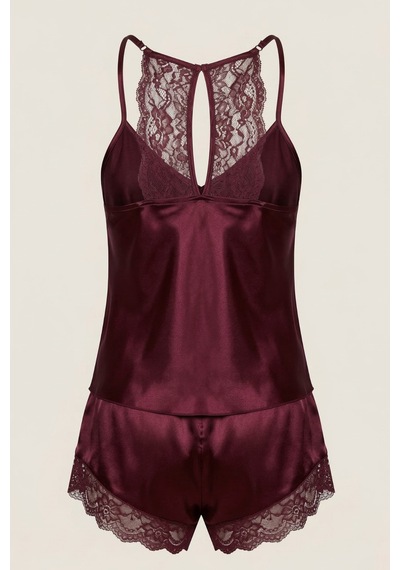 Bordo Dantelli İp Askılı Saten Şortlu Dokuma Pijama Takımı