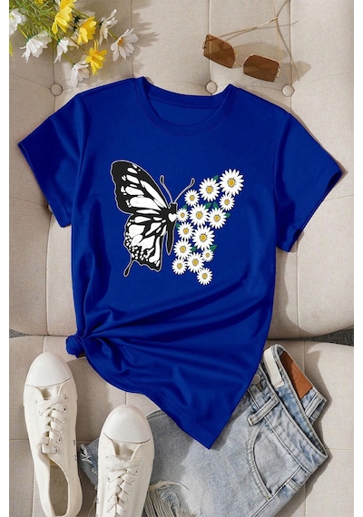 Pamuklu Papatya Kelebek Tasarım Tshirt Mavi Pamuklu Papatya Kelebek Tasarım Tshirt Mavi