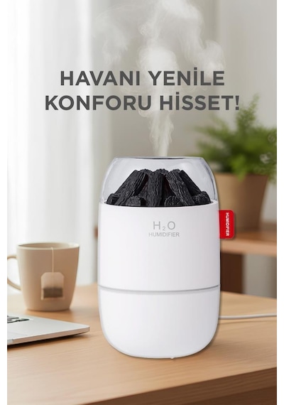 H16 Beyaz Odun Ateşi Efekli Hava Nemlendirici Buhar Makinesi 280ml Led Işıklı Sessiz Çalışma