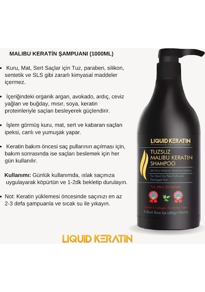 Tuzsuz Sülfatsız Malibu Keratin Şampuanı 1000ml - Kuru Sert Kabaran Saçlar Için