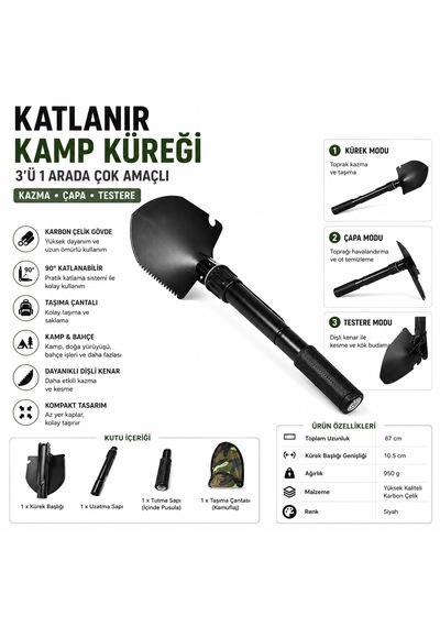 Katlanır Kamp Küreği 3 Ü 1 Arada Çok Amaçlı Kazma Çapa Testere Çok Amaçlı El Aleti