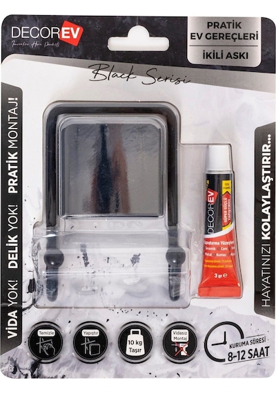 Decorev Dekoratif Yapıştırmalı Banyo- Mutfak Metal Iki Kancalı Askı Siyah Vidasız Pratik Montaj Dc-5053 Siyah