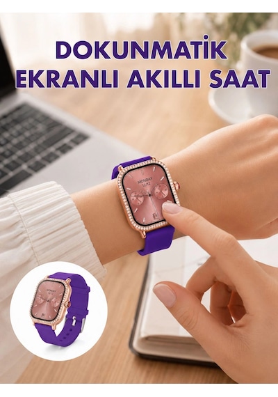 Pembe Mor Ve Metal Kordonlu Akıllı Saat  Seti