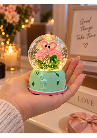 Flamingolu Kar Küresi 9 Cm Işıklı Dekoratif Biblo Sevgiliye Romantik Hediye