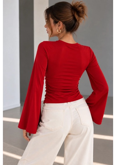 Bb Butik Basic Yan Büzgülü İspanyol Kol Basic Kadın Bluz My3535 Kırmızı