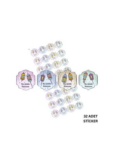 Hoş Geldin Ramazan Yazılı Sticker, Fener Temalı Hediye, Ambalaj Paketleme Etiketi, 3.5x3 Cm, 32 Adet Çok Renkli