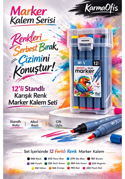 12'li Standlı Alkol Bazlı Çift Uçlu Marker Kalem Seti - Profesyonel Çizim & Tasarım Kalemi