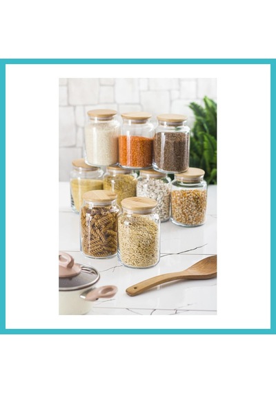 Bezos 9 Lu Set Bambu Kapaklı Cam Kavanoz & Erzak Saklama Kabı 800 Ml Orta Boy Vakum Kapak Dfnbez Çok Renkli