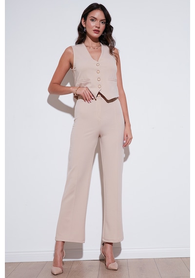 Lela Standart Fit Çimalı Yüksek Bel Düz Paça Bayan Pantolon 5865972 Taş