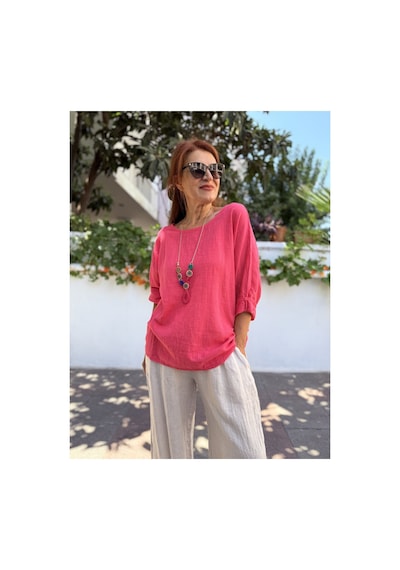 Denizege İtalyan Pamuk - Keten Dokulu Kolyeli Bluz Pembe Pembe