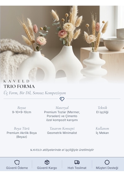 Kaveld Trio Forma El Yapımı 3'lü Dekoratif Vazo Seti, Kemer + Yığma Halka + Donut Form Mermer Tozu & Beton Minimalist Kuru Çiçek Vazosu Beyaz Kaveld Trio Forma El Yapımı 3'lü Dekoratif Vazo Seti, Kemer + Yığma Halka + Donut Form Mermer Tozu & Beton Minimalist Kuru Çiçek Vazosu Beyaz