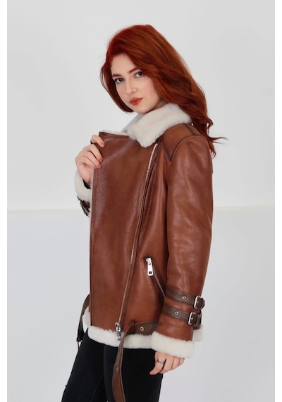 M M Marki Marki Hakiki Deri Kaban, Içi Kürklü, Kemerli, Kollarda Kemer Detaylı, Taba, 70 Cm - 102622 Kahverengi