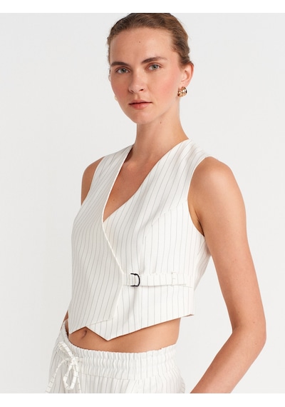 Dilvin 60597 Asimetrik V Yaka Çizgili Blazer Yelek-beyaz Beyaz