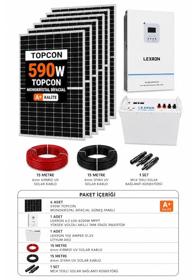 Lexron 6.2 Kva 6200w Mppt + 51.2v 100ah Lityum Akü + 6x590w Güneş Paneli Solar Enerji Paketi