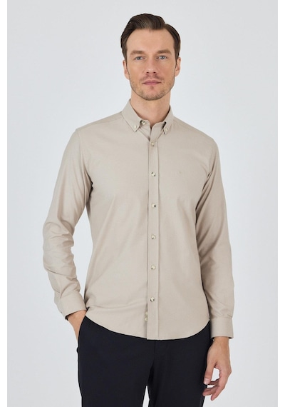İmza Uzun Kol Düz Bez Ayağı Düğmeli Yaka Cepsiz Pamuklu Casual Slim Fit Gömlek 1004250212 Bej