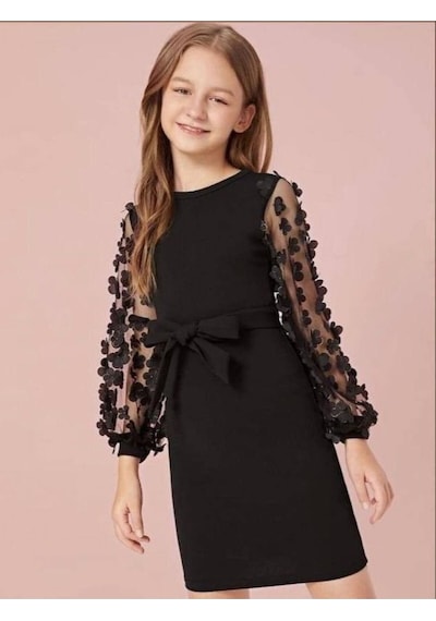 Belden Bağlamalı Tül Detaylı Çocuk Elbise Mykids Collection Siyah