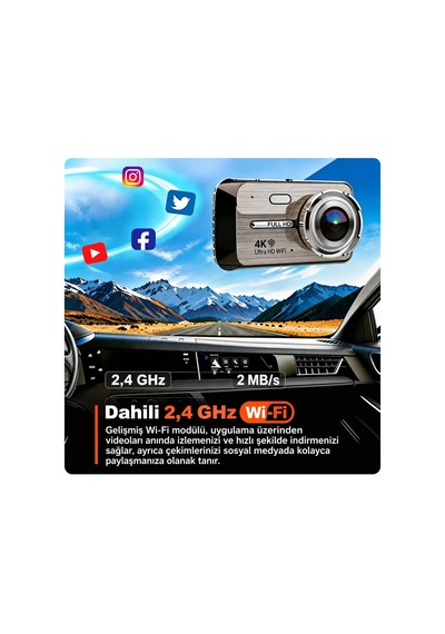 4k Ultra Hd Wifi Araç Kamerası Ön 4k + Arka 1080p Çift Kamera Araç Park Kiti Hediyeli