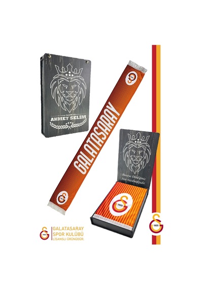 Galatasaray Lisanslı Çift Yön Baskılı Şal Kaşkol Atkı Kişiye Özel Ahşap Kutulu Sarı - Kırmızı