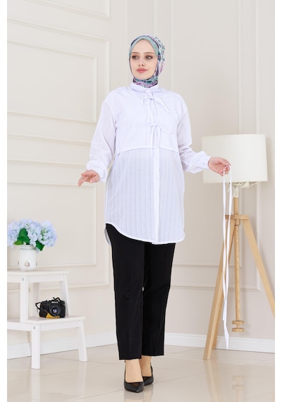 Sevitli Cepken Detaylı Bağlamalı Keten Tunik-beyaz-5117 Beyaz