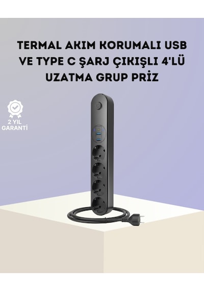 4 Priz 2 Usb 1 Type-c Akım Korumalı Çoklu Priz Led Anahtarlı
