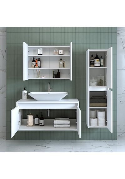 Banos Banyo Roomart Lavabolu Mat Beyaz Mdf 100Cm Banyo Dolabı+Ayn Mat Beyaz